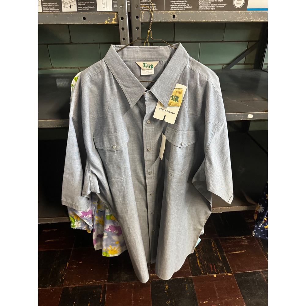 Key Industries Mens 5XLR Blue Chambray Short Sleeve Western Pearl Snap Shirt